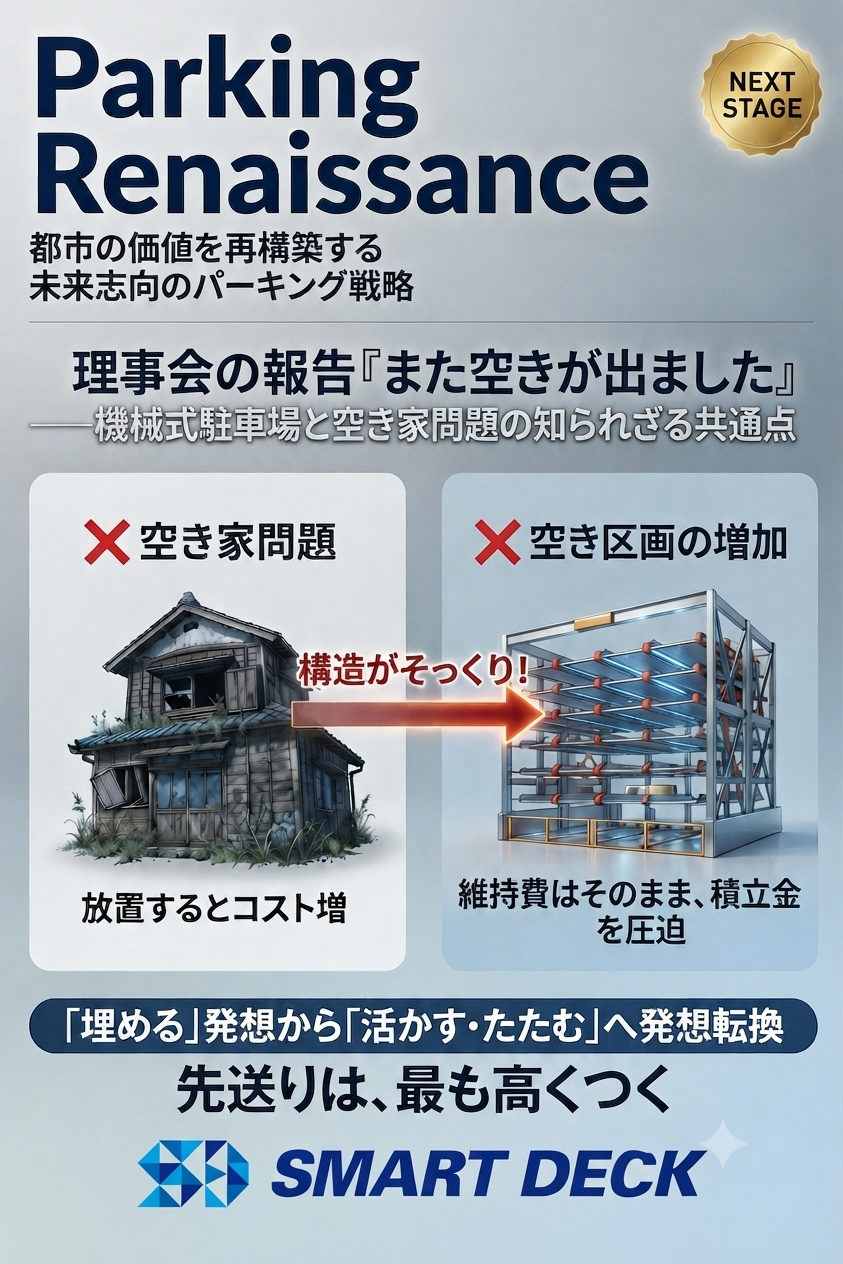 Poster for 'Parking Renaissance' with a gold 'Next Stage' badge, showing a dilapidated house on the left (with a red X) and a modern steel storage rack on the right (also with a red X) linked by an arrow, illustrating a shift from poor storage to improved, cost-efficient parking solutions.
