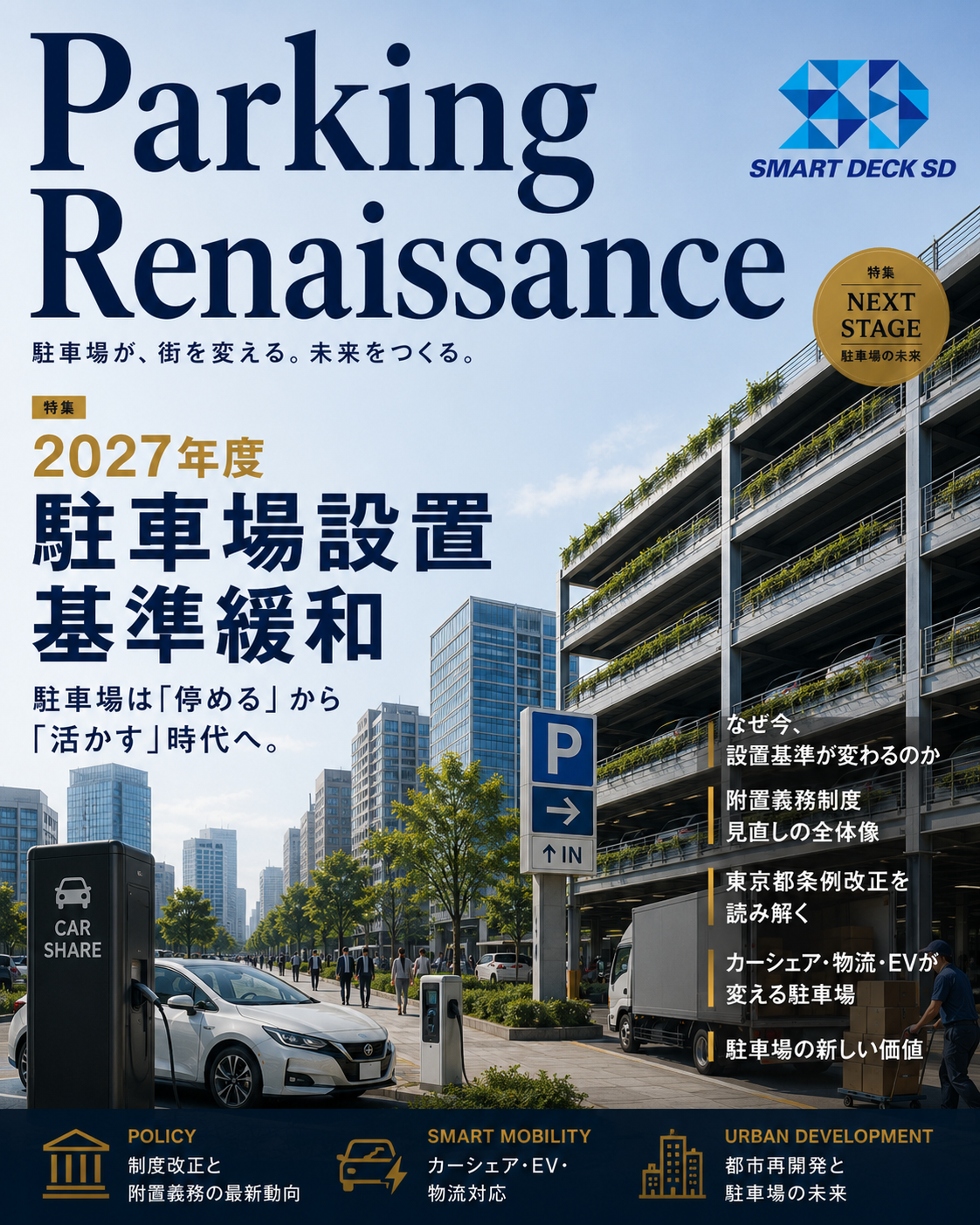 Poster promoting a 'Parking Renaissance' with a multi‑level parking garage beside a city street, blue sky, and a 'Next Stage' badge; conveys future urban parking and mobility themes.